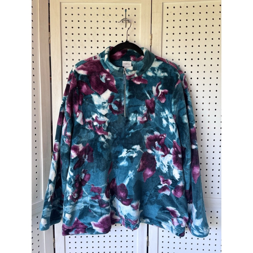 Weekends Chicos Womens 3 (XL) Plush Fleece Jacket Floral 1/4 Zip Teal & Purple
